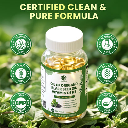 Oregano Oil Softgels with Black Seed Oil, 99% Carvacrol, 180 Ct, 3 Month | 5-in-1 with Vitamin D3 E Black Pepper, Immune, Respiratory, Digestive & Antioxidant*, Ultra-Concentrated, Easy to Swallow