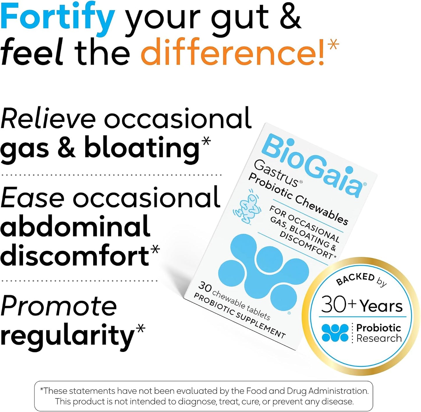 BioGaia Gastrus L reuteri Probiotic | 35 Years of Clinical Gut Research | L reuteri 6475 + 17938 Probiotics | Ease Gut Discomfort, Gas & Bloating | Promotes a Healthy Gut & Microbiome | 30 Chewables