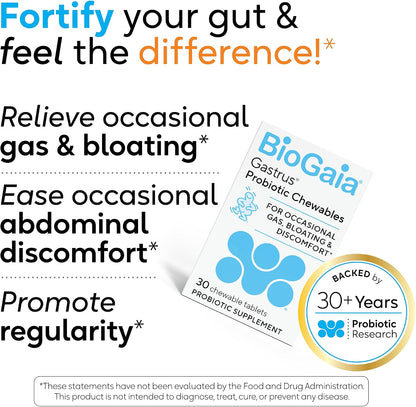 BioGaia Gastrus L reuteri Probiotic | 35 Years of Clinical Gut Research | L reuteri 6475 + 17938 Probiotics | Ease Gut Discomfort, Gas & Bloating | Promotes a Healthy Gut & Microbiome | 30 Chewables