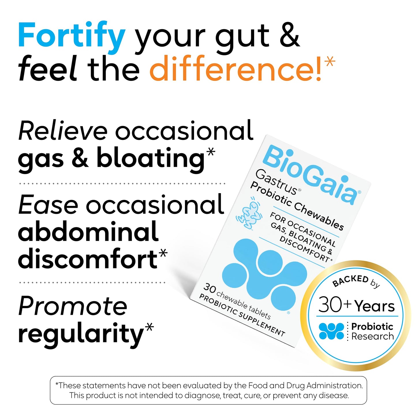 BioGaia Gastrus L reuteri Probiotic | 35 Years of Clinical Gut Research | L reuteri 6475 + 17938 Probiotics | Ease Gut Discomfort, Gas & Bloating | Promotes a Healthy Gut & Microbiome | 30 Chewables