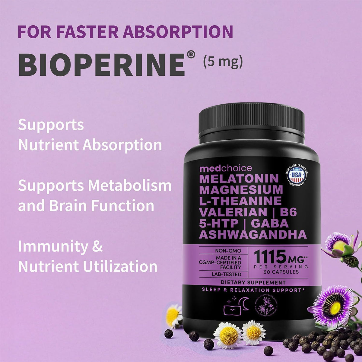 MEDCHOICE 12-in-1 Melatonin 5mg Sleep Capsules with Magnesium, 90ct