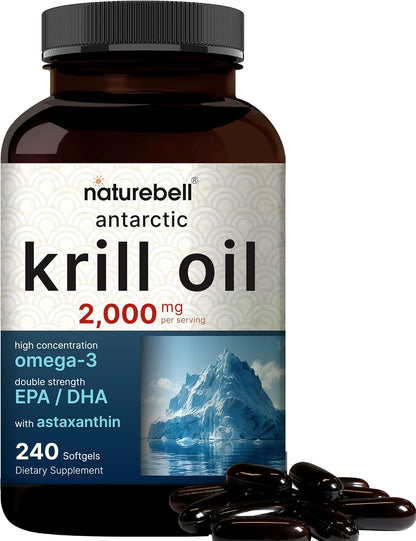 NatureBell Antarctic Krill Oil 2000mg Supplement, 240 Softgels, 3X Strength Natural Source of Omega-3s, EPA 240mg + DHA 160mg + Astaxanthin 800mcg – No Fishy Aftertaste – Mercury Free & Non-GMO
