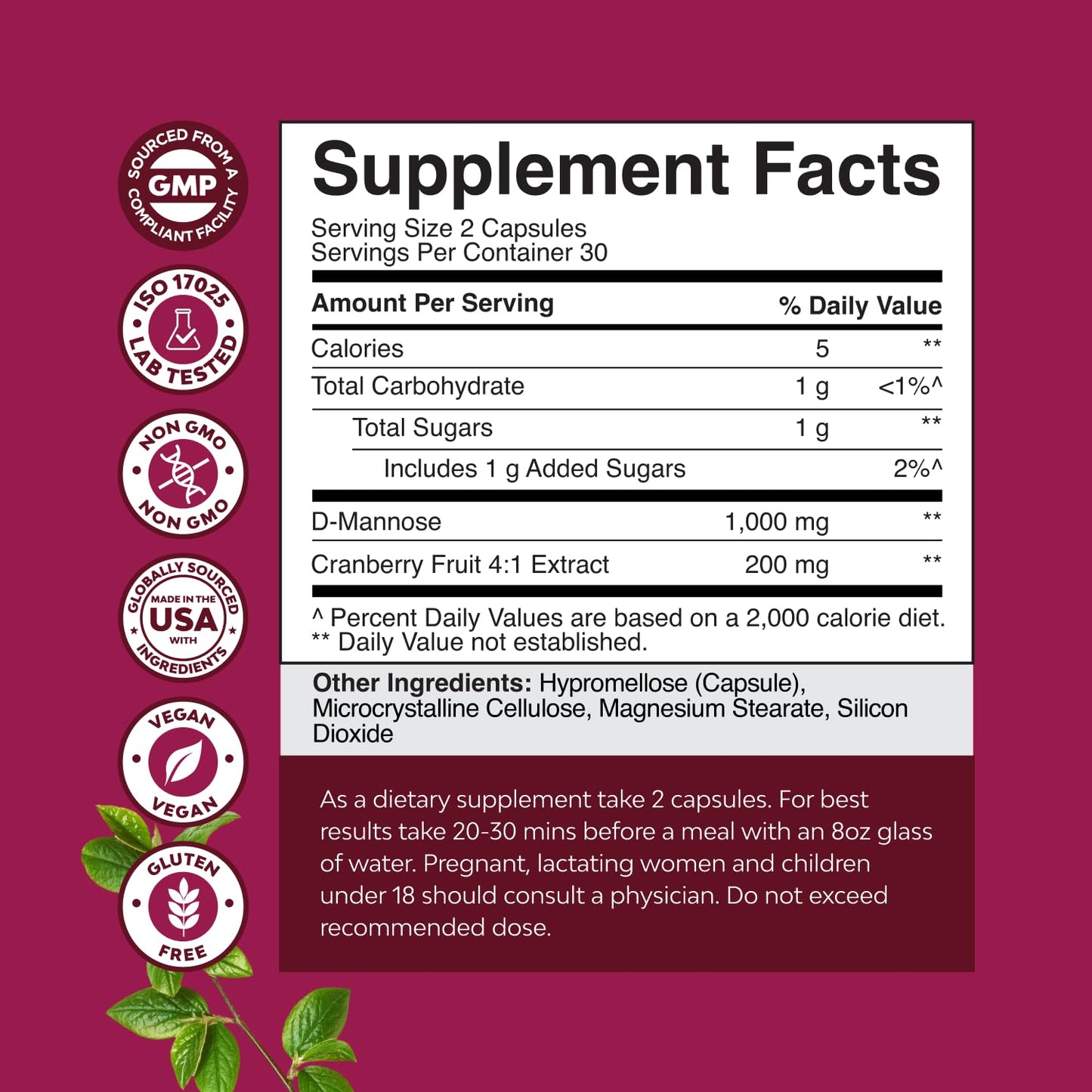 D Mannose with Cranberry Supplement - Potent D Mannose 1000mg Capsules for Kidney Defense Support & Cleanse and Urinary Tract Health for Women & Men - Bladder Health Supplement for Adults - 60 Count