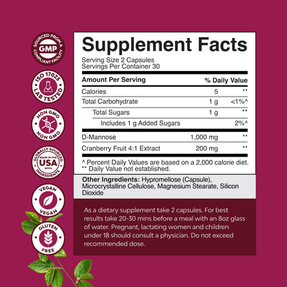 D Mannose with Cranberry Supplement - Potent D Mannose 1000mg Capsules for Kidney Defense Support & Cleanse and Urinary Tract Health for Women & Men - Bladder Health Supplement for Adults - 60 Count