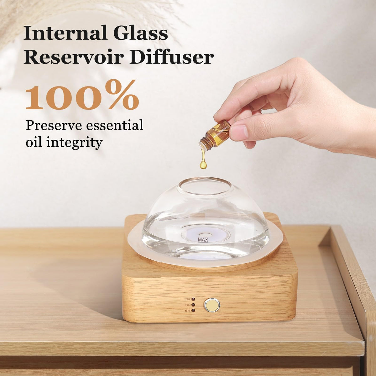 Lecdura Glass Essential Oil Diffuser with Glass Reservoir & Wood Base - Plastic Free, 200ml Lock