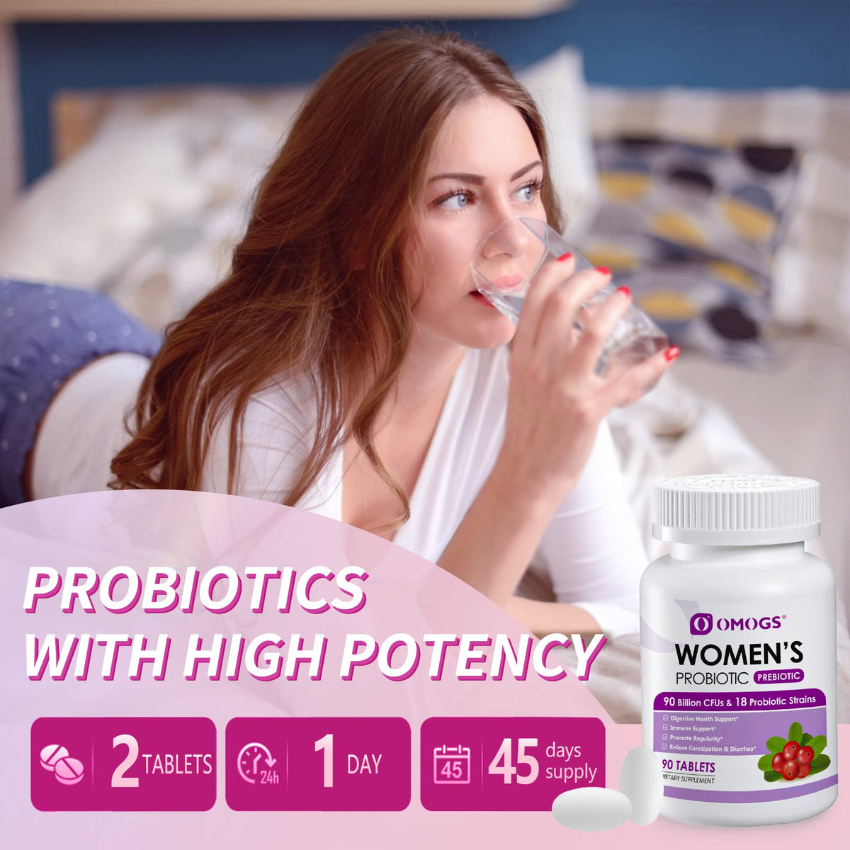 OMOGS Women's Probiotic,with Cranberry Extract and Organic Prebiotics,90 Billion CFUs