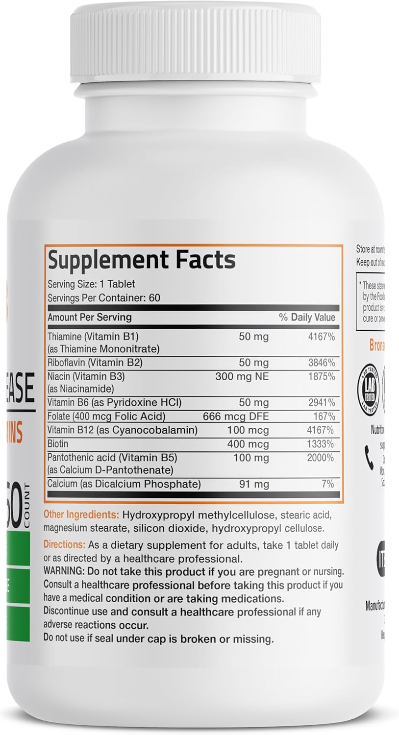 Bronson Super B Vitamin B Complex Sustained Release for Energy, 60 Tablets | B1, B2, B3, B6, Folic Acid, B12, Biotin & Pantothenic Acid, One-Tablet Formula, Non-GMO, Gluten-Free & Soy-Free