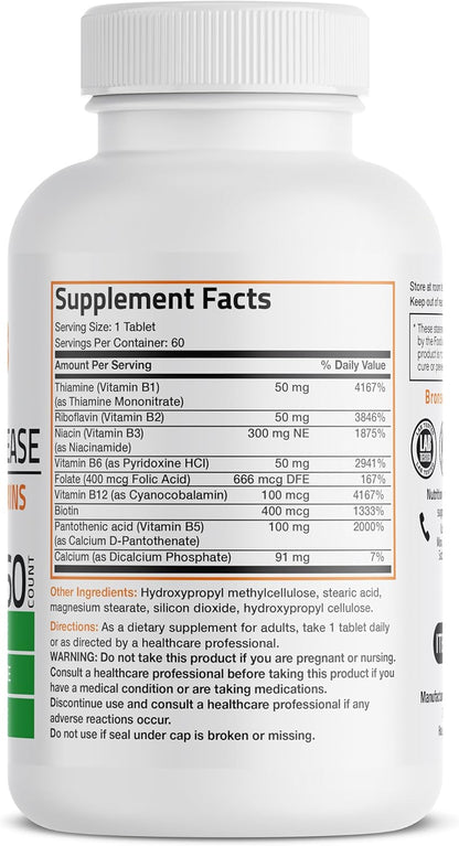 Bronson Super B Vitamin B Complex Sustained Release for Energy, 60 Tablets | B1, B2, B3, B6, Folic Acid, B12, Biotin & Pantothenic Acid, One-Tablet Formula, Non-GMO, Gluten-Free & Soy-Free