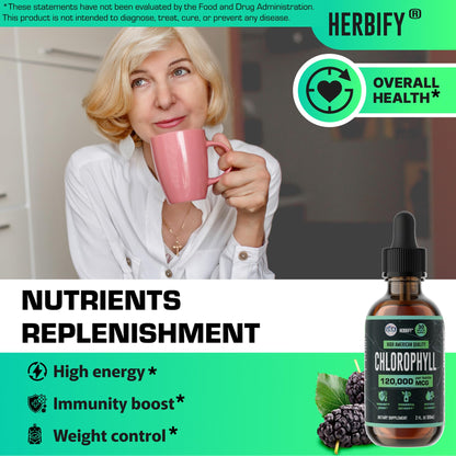 HERBIFY Chlorophyll Drops - Liquid Chlorophyll for Energy Boost & Immune System Support - Made in USA - Chlorophyll Liquid Drops for Body Detox, Internal Deodorant & Enhance Skin - 2 Oz