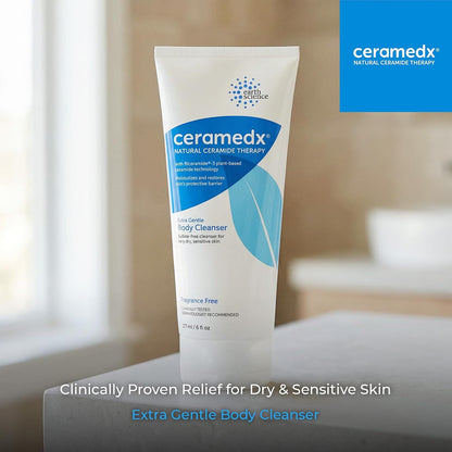 Ceramedx - Extra Gentle Body Cleanser | Natural Ceramide Cleanser for Dry, Sensitive Skin | Cruelty Free, Vegan & Fragrance Free | 6 fl oz | Plant-Based Riceramide-3, Hyaluronic Acid & Aloe | Soap-Free Wash for Very Dry, Sensitive Skin | Vegan, Sulfate Fr