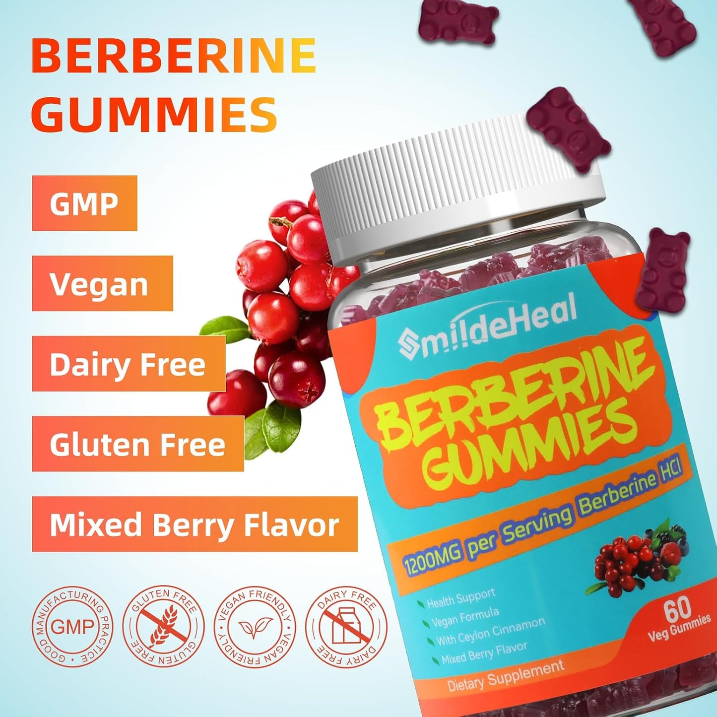 Berberine Gummies 1200mg with Ceylon Cinnamon 200mg, Milk Thistle Extract & Turmeric, Vegan Berry Flavor, Non-GMO, Gelatin-Free, Gluten-Free, 60 Count