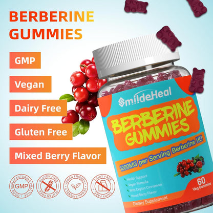 Berberine Gummies 1200mg with Ceylon Cinnamon 200mg, Milk Thistle Extract & Turmeric, Vegan Berry Flavor, Non-GMO, Gelatin-Free, Gluten-Free, 60 Count