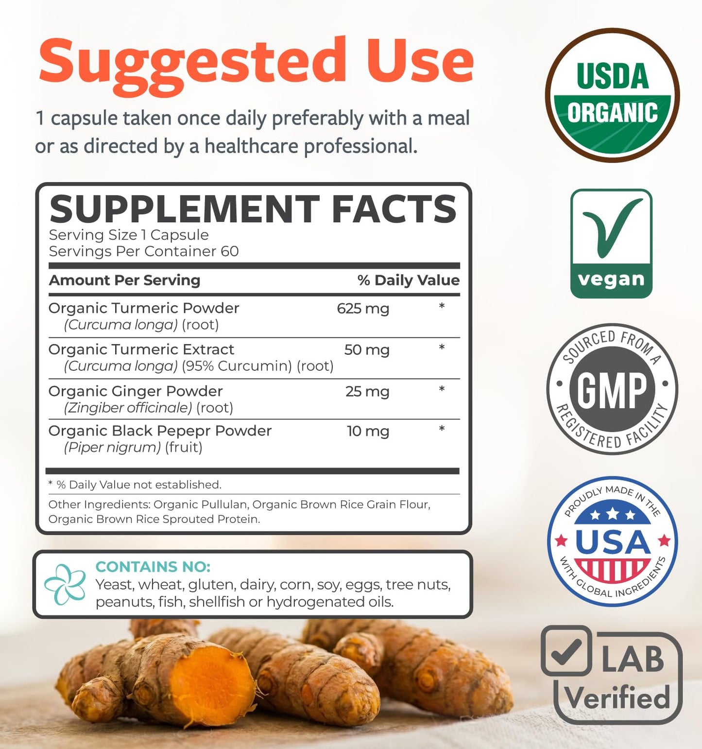 Organic Turmeric Ginger Black Pepper Supplement - High Potency Organic Turmeric Curcumin Capsules with Ginger & Black Pepper for Enhanced Benefits and Absorption - Vegan & Non-GMO (2 Month Supply)