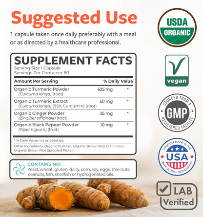 Organic Turmeric Ginger Black Pepper Supplement - High Potency Organic Turmeric Curcumin Capsules with Ginger & Black Pepper for Enhanced Benefits and Absorption - Vegan & Non-GMO (2 Month Supply)