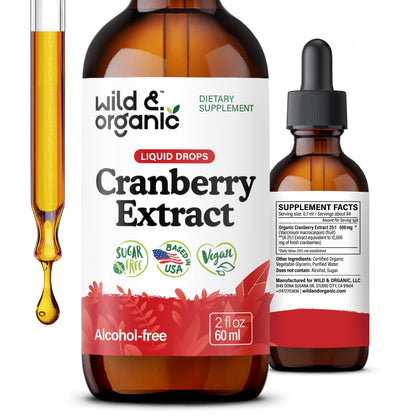Wild & Organic Cranberry Concentrate Liquid Drops - Urinary Tract Support with Cranberry Supplement for Women & Men - 500 mg Extract per Serving - Vegan, Sugar & Alcohol-Free - 4 fl oz