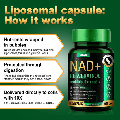 Liposomal NAD+ Resveratrol 400mg with Urolithin A, 60 Capsules | Enhanced Absorption with Urolithin-A & CoQ10, Supports Cellular Energy & DNA Maintenance, Non-GMO, Gluten Free