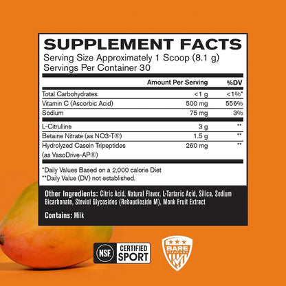 BARE PERFORMANCE NUTRITION, BPN EndoPump Pre-Workout Muscle Pump Enhancer w/L-Citrulline, Increased Blood Flow/Oxygen Transport to Muscles, 30 Servings, Mango