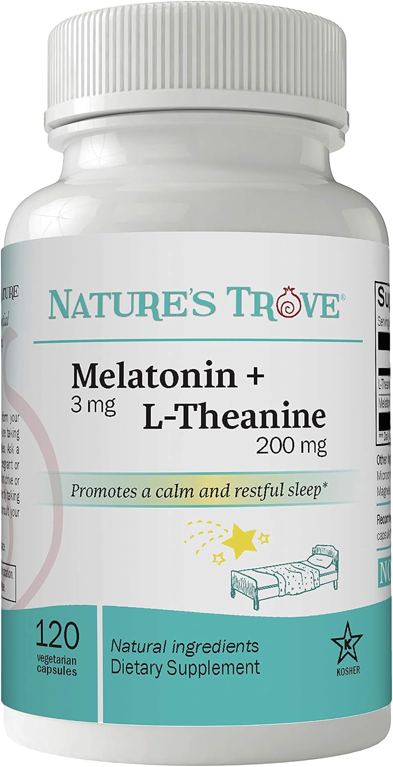 Nature's Trove Melatonin 3mg + L Theanine 200mg – Calm and Relaxation – 120 Kosher Vegetarian Capsules