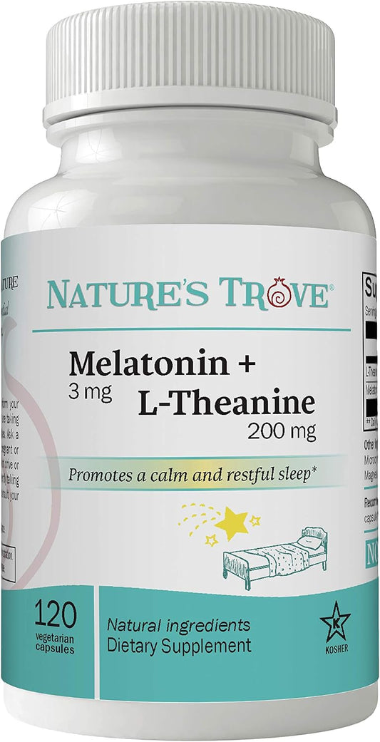 Nature's Trove Melatonin 3mg + L Theanine 200mg – Calm and Relaxation – 120 Kosher Vegetarian Capsules