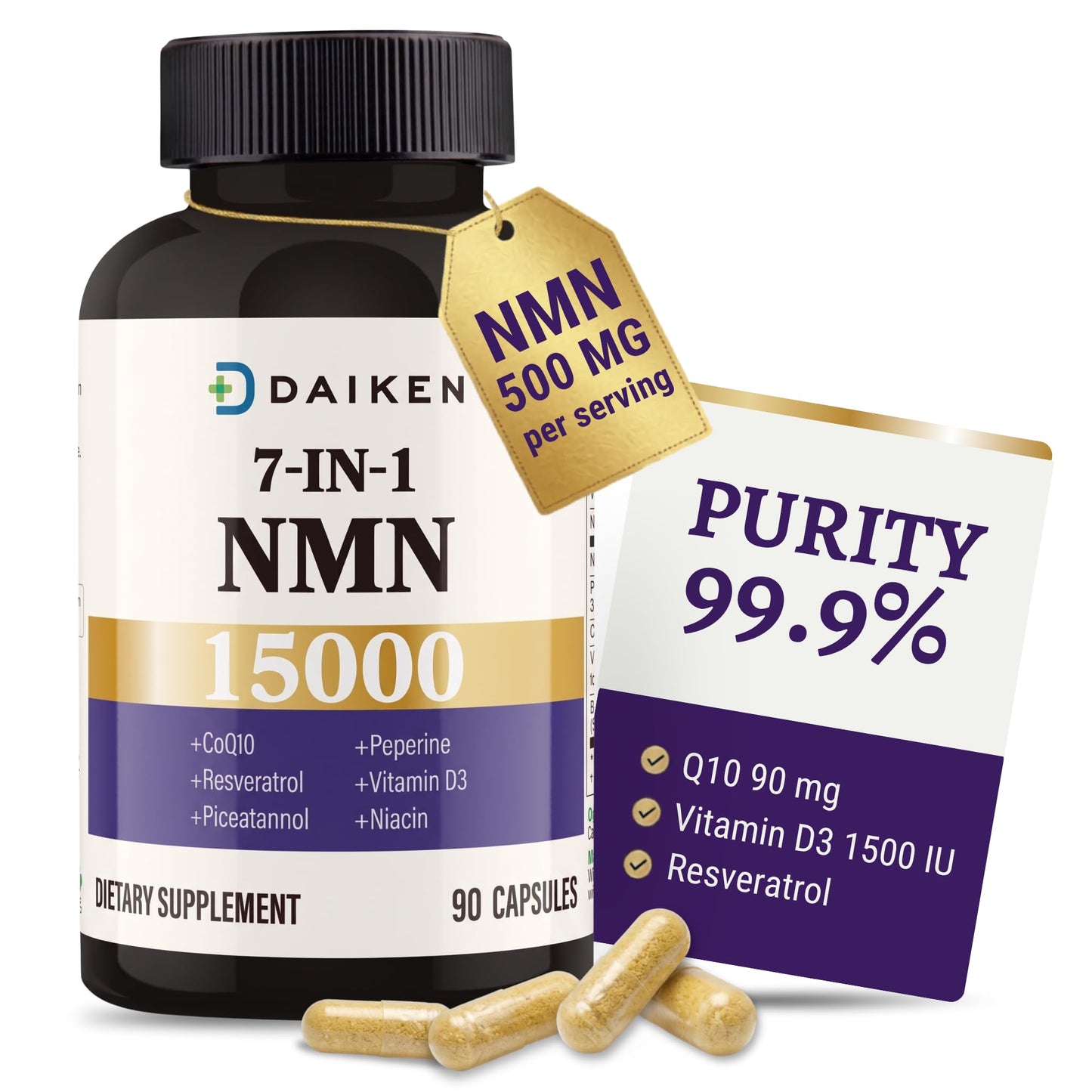 DAIKEN NMN 15000 Advanced Formula, 500mg β-Nicotinamide Mononucleotide with Niacinamide, CoQ10 & Resveratrol - 90 Veggie Capsules (90 Count (Pack of 1))