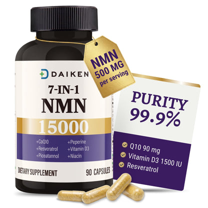 DAIKEN NMN 15000 Advanced Formula, 500mg β-Nicotinamide Mononucleotide with Niacinamide, CoQ10 & Resveratrol - 90 Veggie Capsules (90 Count (Pack of 1))