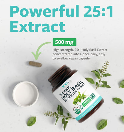 PURE CO USDA Organic Holy Basil Supplement – High Potency Organic Holy Basil 500mg 25:1 Extract 1 Capsule Per Serving – High Strength Tulsi Extract – 60 Vegan Capsules – Non-GMO & Made in USA