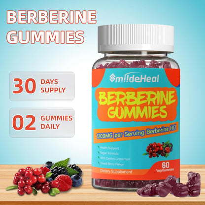 Berberine Gummies 1200mg with Ceylon Cinnamon 200mg, Milk Thistle Extract & Turmeric, Vegan Berry Flavor, Non-GMO, Gelatin-Free, Gluten-Free, 60 Count