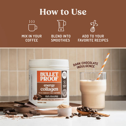 Bulletproof Energy Collagen Protein Powder, Vanilla Bean, 20g Grass-Fed Collagen Peptides, 7g Fiber with MCT Oil & Adaptogens, Caffeine-Free, 18.3 Ounces