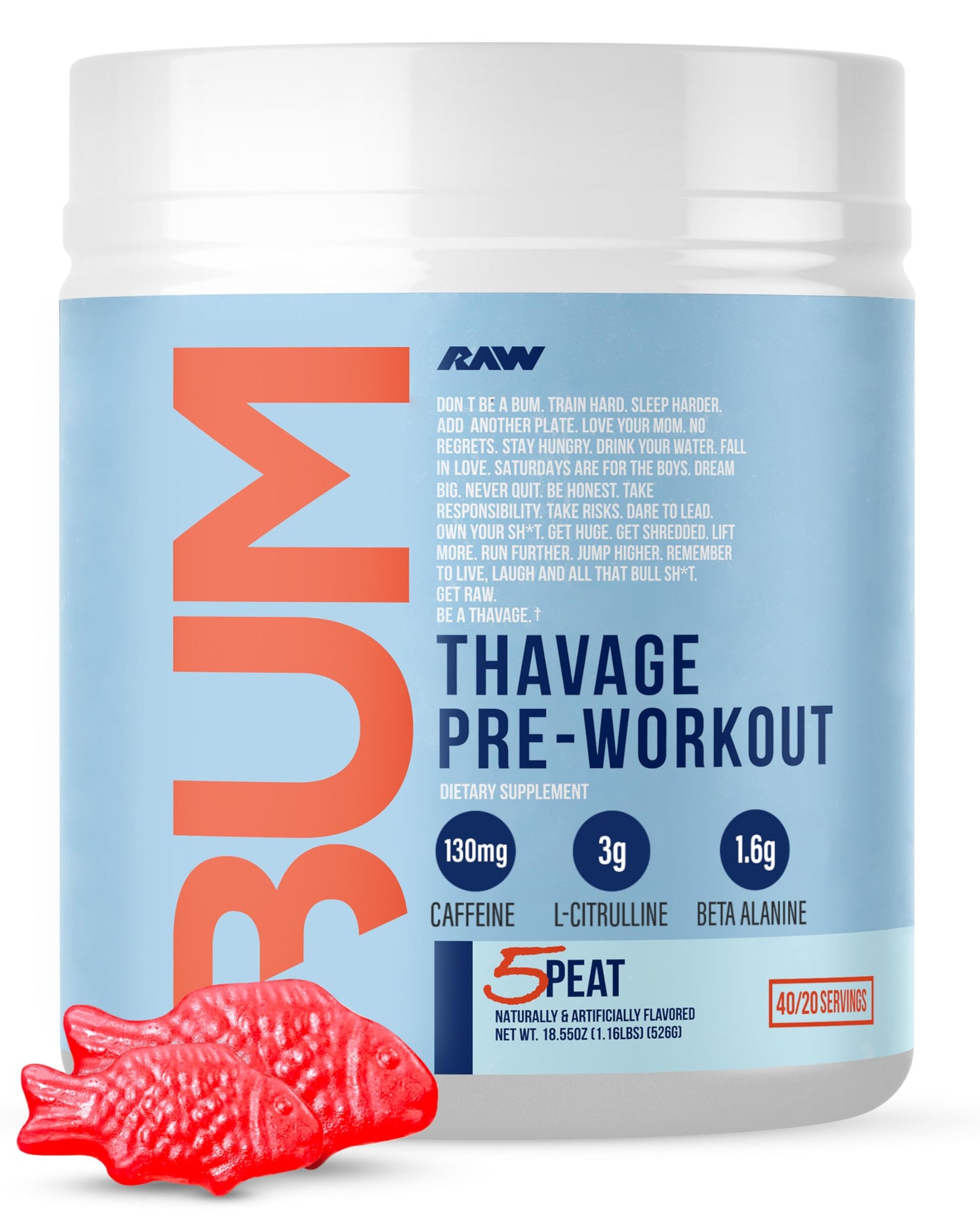 RAW Pre Workout Powder, Thavage (Beach Bum) - Chris Bumstead Sports Nutrition Supplement for Men & Women - Cbum Pre Workout for Working Out, Hydration, Mental Focus & Energy - 40 Servings