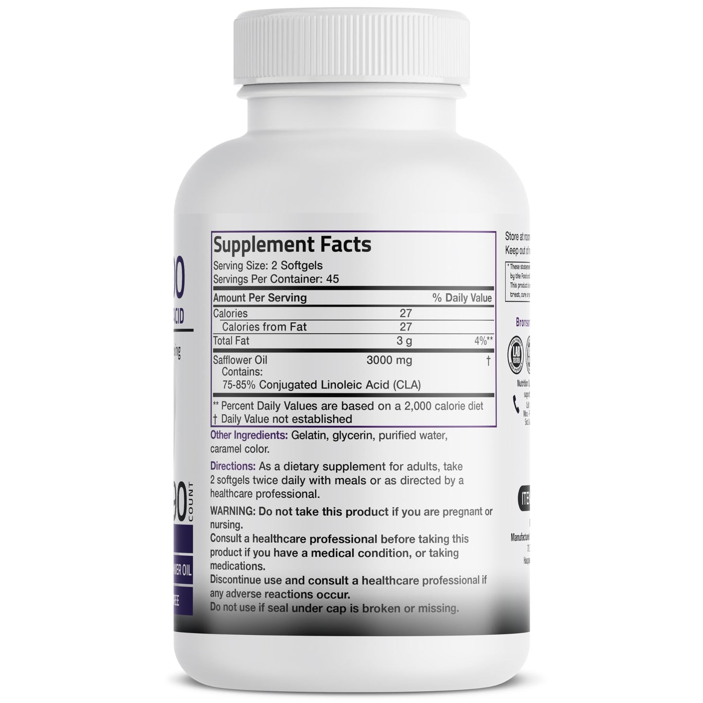 Bronson CLA 3000 Extra High Potency Supports Healthy Weight Management Lean Muscle Mass Non-Stimulating Conjugated Linoleic Acid 120 Softgels | 2250 mg Active CLA per Serving, Non-Stimulating, 100% Safflower Oil, Lean Body Mass Support, Non-GMO