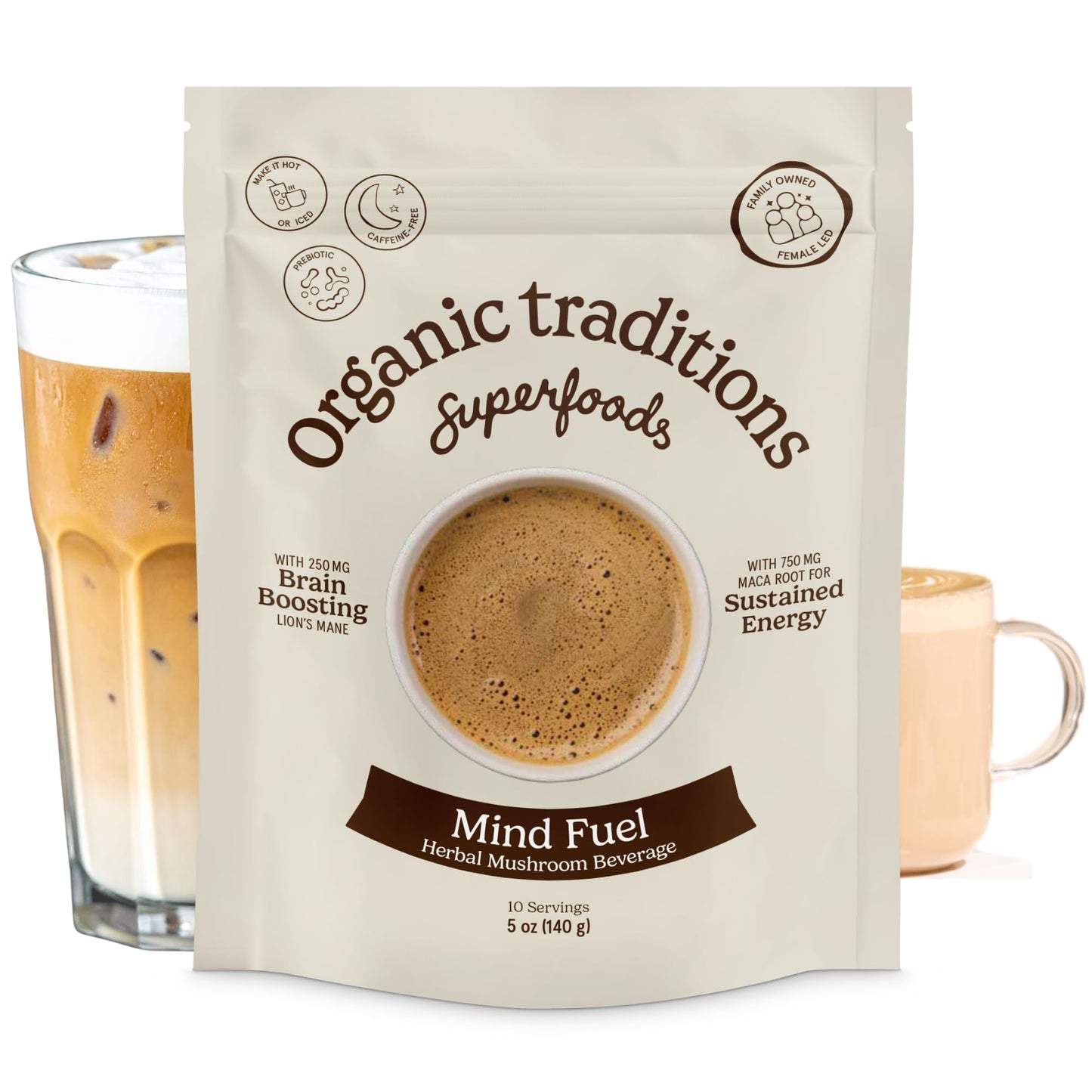 Organic Traditions Mind Fuel Instant Mushroom Coffee Alternative, Caffeine Free Lion’s Mane and Maca Herbal Drink with Dandelion, Chicory, Roasted Grain Blend, Natural Focus Support, 140g / 5oz
