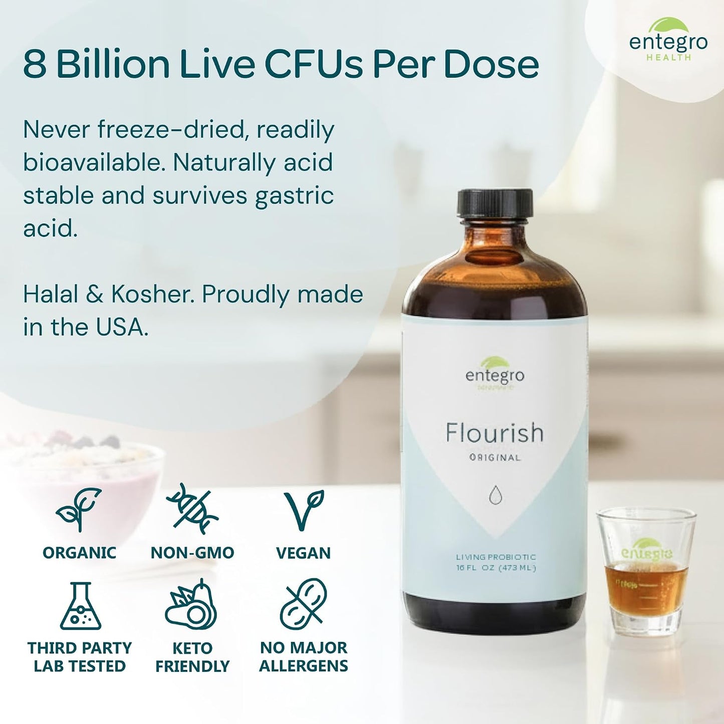 ENTEGRO Flourish Original Liquid Probiotic & Postbiotic Supplement, Plastic | 11 Live Cultures, Gut & Digestive Health For Women, Men & Kids, Organic, Vegan, Allergen Free, Non-GMO, USA Made, 16 fl oz