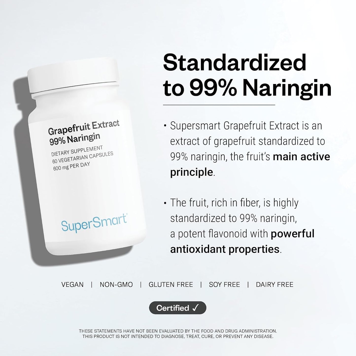 Supersmart - Grapefruit Extract 600mg per Day (99% Naringin) - High Potency GSE Supplement | Non-GMO & Gluten Free - 60 Vegetarian Capsules