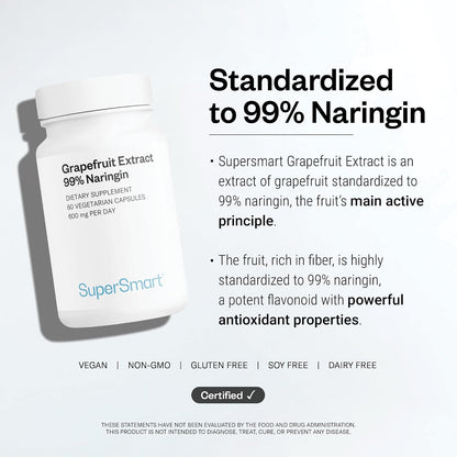 Supersmart - Grapefruit Extract 600mg per Day (99% Naringin) - High Potency GSE Supplement | Non-GMO & Gluten Free - 60 Vegetarian Capsules