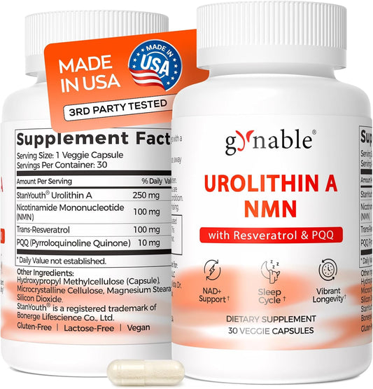 Gynable Patented Urolithin A Supplement with NMN | Trans-Resveratrol & PQQ| 4-IN-1 Complex Cellular Energy & Muscle Strength,Longevity Supplement for Sleep and Healthy Aging - Made & Tested in USA