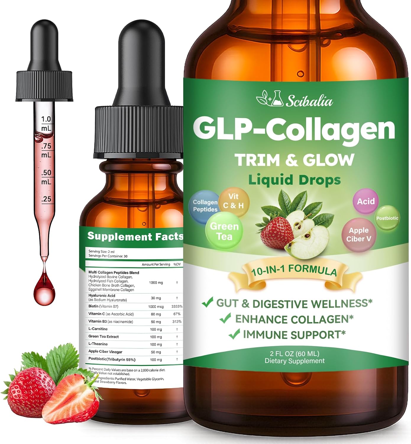 10-in-1 Liquid Collagen for Women, GLP Friendly Multi Collagen | Trim & Glow Hydrolyzed Collagen Burn Drops w. Hyaluronic Acid Biotin Green Tea & ACV, Digestive Gut Skin Health & Hair Growth