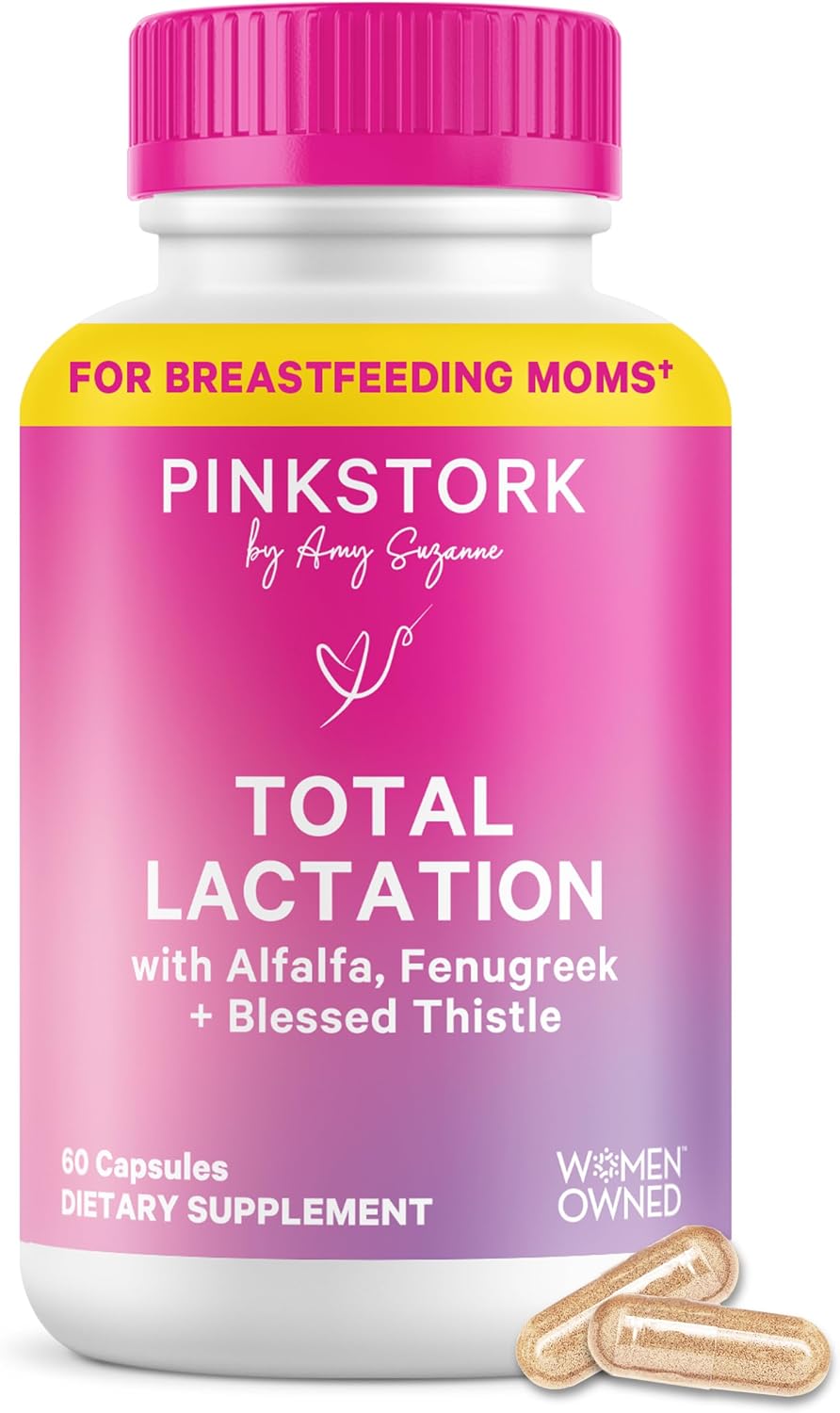 Pink Stork Total Lactation Supplement for Breast Milk Supply, Organic Fenugreek and Alfalfa to Support Breastfeeding, Milk Flow, and Production, Postpartum Essentials - 60 Capsules
