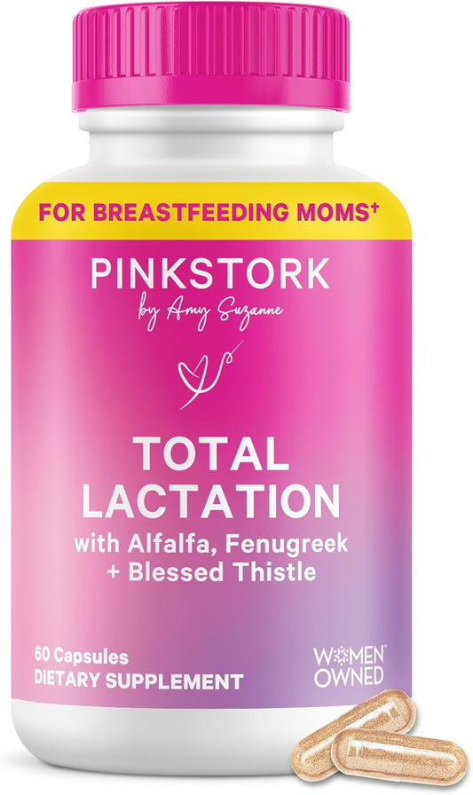 Pink Stork Total Lactation Supplement for Breast Milk Supply, Organic Fenugreek and Alfalfa to Support Breastfeeding, Milk Flow, and Production, Postpartum Essentials - 60 Capsules