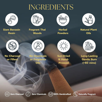 Siam Benzoin Natural Incense Cones - Sweet Vanilla & Sandalwood - Charcoal Free, Long Burning 60 Mins - Premium Thai Incense Cones Scented for Home, Meditation, Yoga & Relaxation