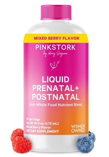 Pink Stork Liquid Prenatal Vitamins for Women – Berry, 32 Servings | Doctor Formulated, Organic Whole-Food Blend, Methylated Folate, Sugar-Free, Fertility to Postpartum, Breastfeeding Friendly