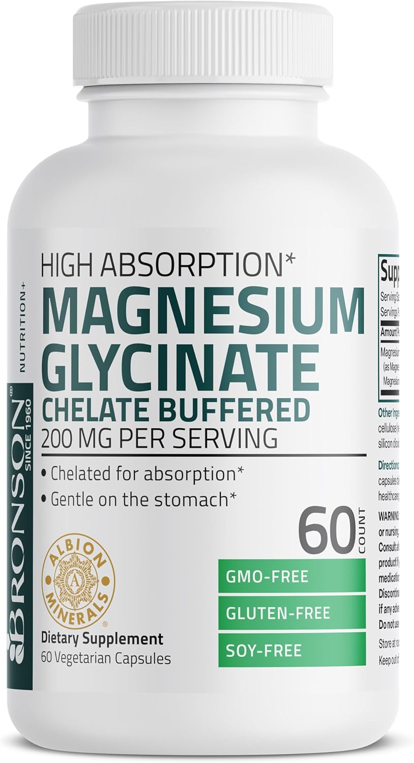 Bronson Magnesium Glycinate 200 MG Chelated High Absorption, 60 Capsules | Stress Relief, Sleep, Heart Health, Nerves, Muscles, and Metabolism Support, Vegetarian, Non-GMO, Gluten Free, Soy Free
