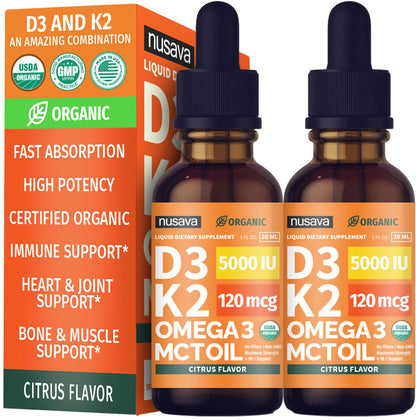 (2 Pack) Organic Vitamin D3 K2 Drops with MCT Oil & Omega 3 - Liquid Vitamin D3 5000 IU - K2 D3 Vitamin Supplement - Vitamin D Drops for Women & Men - No Fillers, Non-GMO, GMP, Unflavored (2 Fl Oz)
