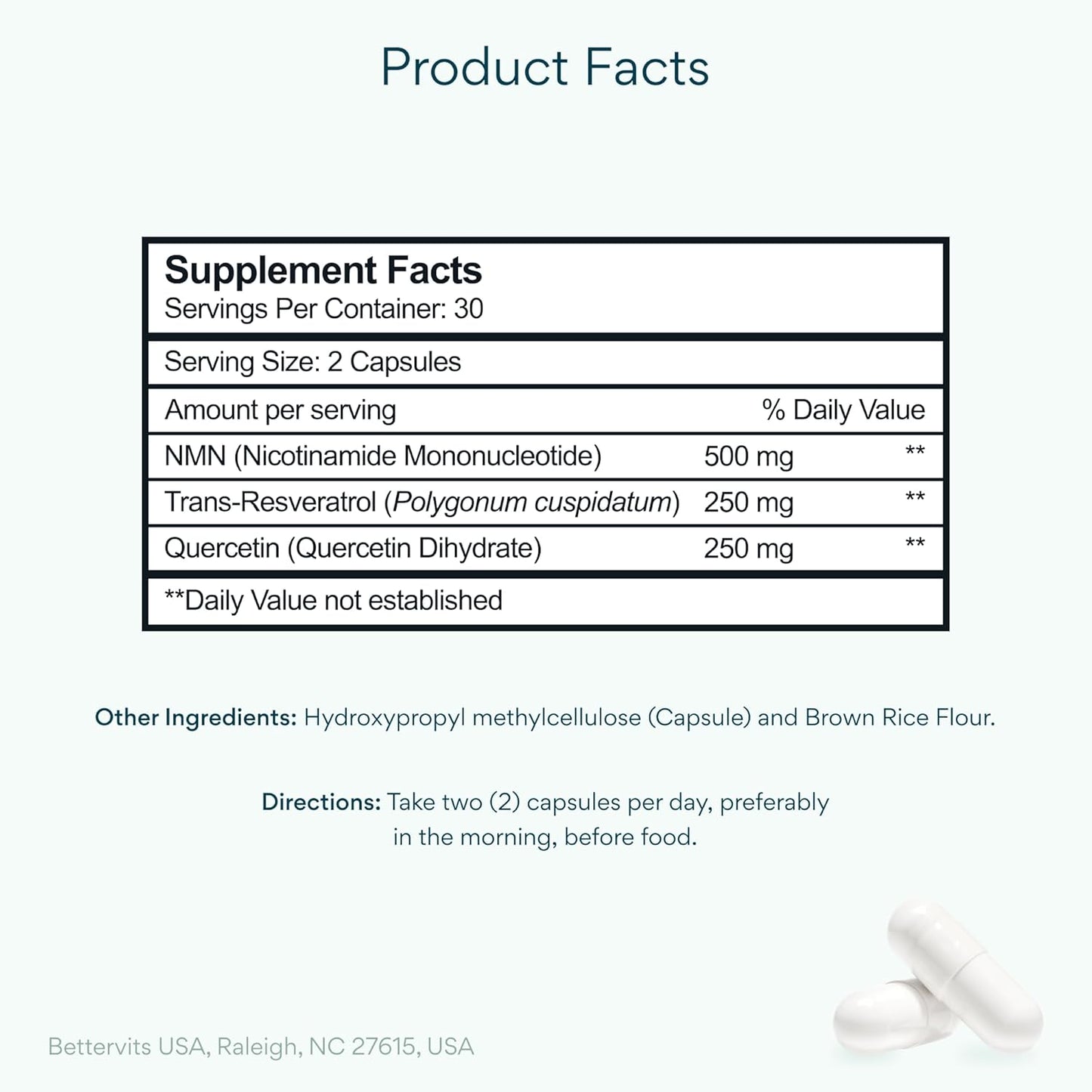 Bettervits NMN Supplement with Quercetin Powder| NAD+ Resveratrol Support Formula for Cells Regeneration, Energy and Anti-Aging Support | NAD Supplements for Women & Men - 60 Capsules
