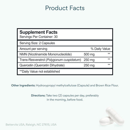 Bettervits NMN Supplement with Quercetin Powder| NAD+ Resveratrol Support Formula for Cells Regeneration, Energy and Anti-Aging Support | NAD Supplements for Women & Men - 60 Capsules