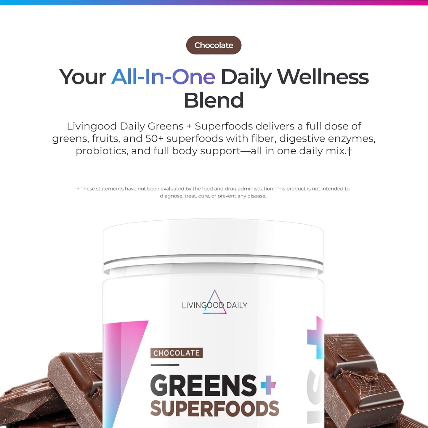 Livingood Daily Greens & Superfood Powder, Super Greens for Gut Health, Green Juice Powder with Spirulina, Chlorella, and Digestive Enzymes, Probiotics for Digestive Support, Chocolate, 30 Servings