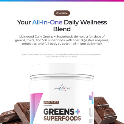 Livingood Daily Greens & Superfood Powder, Super Greens for Gut Health, Green Juice Powder with Spirulina, Chlorella, and Digestive Enzymes, Probiotics for Digestive Support, Chocolate, 30 Servings