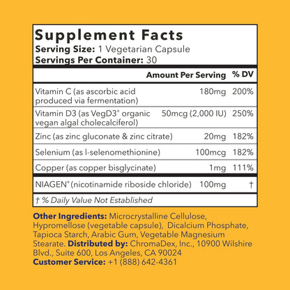 TRU NIAGEN NAD+ Immune Cell Support Supplement - Daily Defense - Vitamin C, Vegan D3 2000 IU, Zinc, Selenium, Copper + 100mg NAD Plus Boosting Niagen NR - 30 Capsules