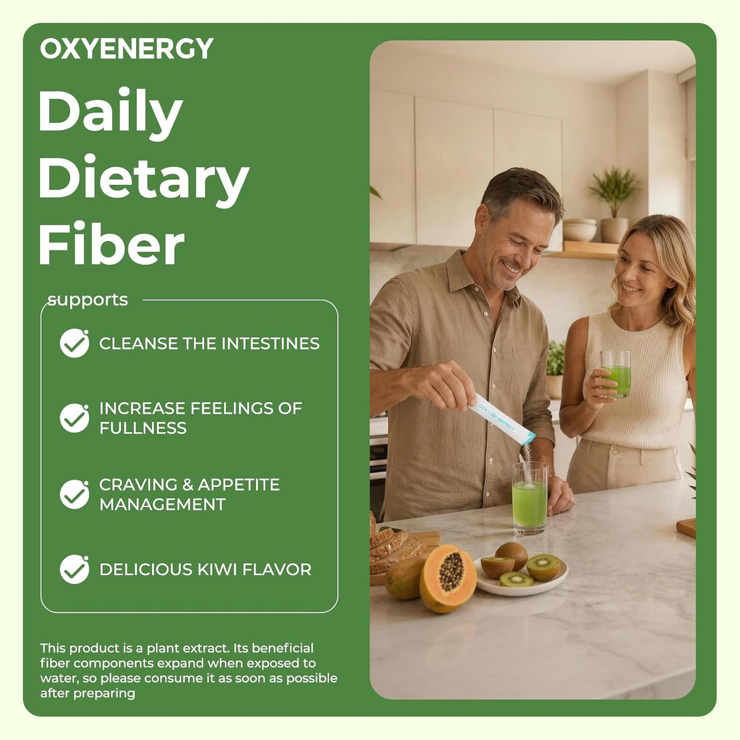 OxyEnergy Psyllium Husk Powder Organic Fiber Powder Supplement for Women & Men, Gut Health Kiwi Powder Flavored Daily Soluble Bloating Relief & Digestive, Vegan, Gluten-Free, Non-GMO, 30 Packets
