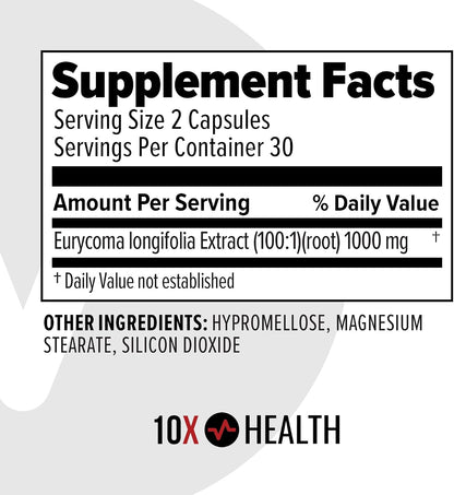 10X Health Tongkat Ali - 60 Capsules | Testosterone Booster for Men: Eurycoma Longifolia 1000mg, Strength, Vitality & Muscle Growth