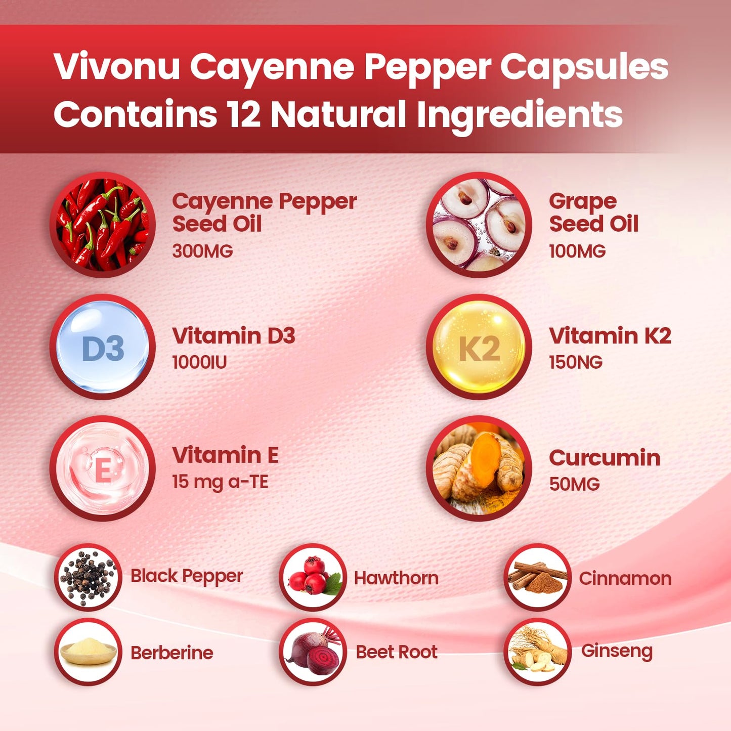 VivoNu Cayenne Pepper Softgels Supplement, Supports Leg Vein, Heart and Blood Vessel Health, with Vitamin E D3+K2 and Extracts of Grape Seed, Hawthorn, Beetroot, Berberine (Softgel / 1 Bag)